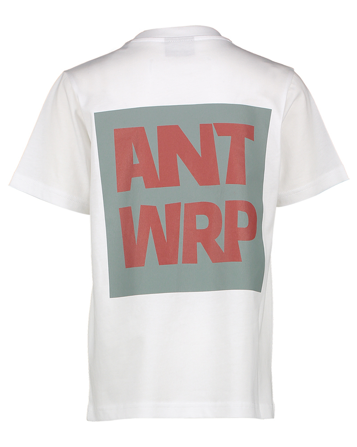 Witte t-shirt print op de achterkant en logo Antwrp