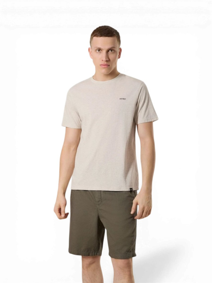 Beige t-shirt met bruine print op rugzijde Antwrp 