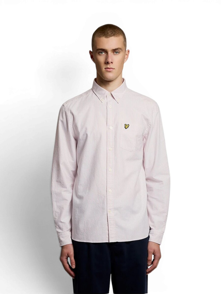 Wit linnen hemd (regular fit) met strepen en roze strepen Lyle&Scott 