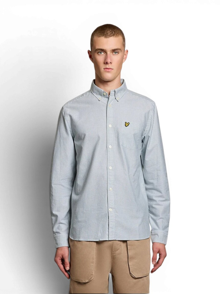 Wit linnen hemd (regular fit) met groene strepen en lange mouwen Lyle&Scott 