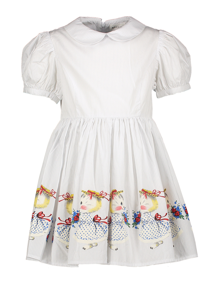 Witte katoenen jurk met print en fijne blauwe krijtstreep Xuli Morley 