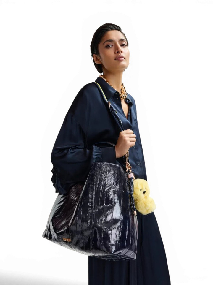 Marineblauwe shopper in craquelé met verwijderbare schouderriem Jistalo Essentiel