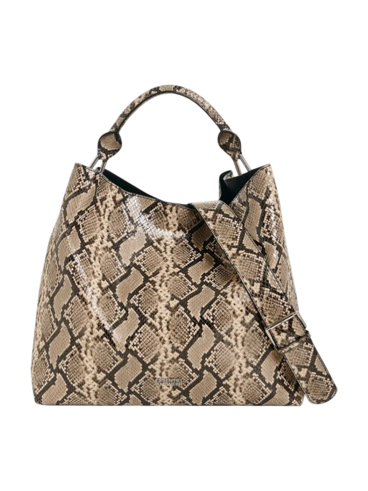 Bruine en zwarte glanzende shopper met slangenprint joran Essentiel 