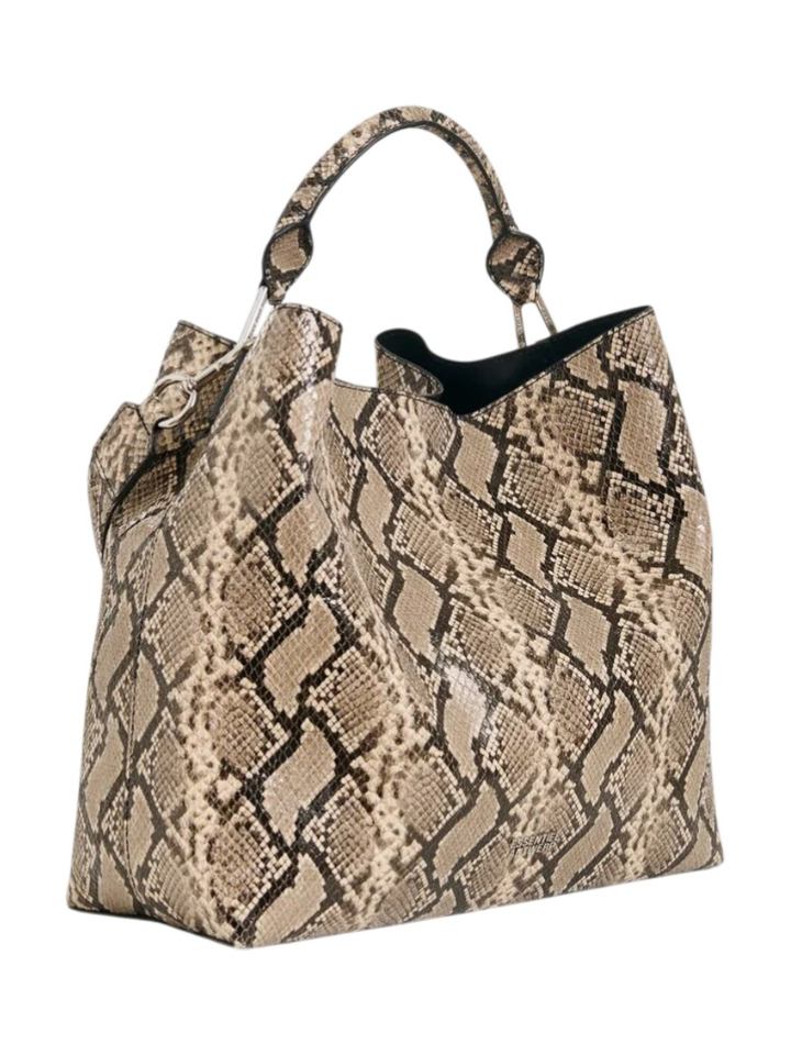 Bruine en zwarte glanzende shopper met slangenprint joran Essentiel 