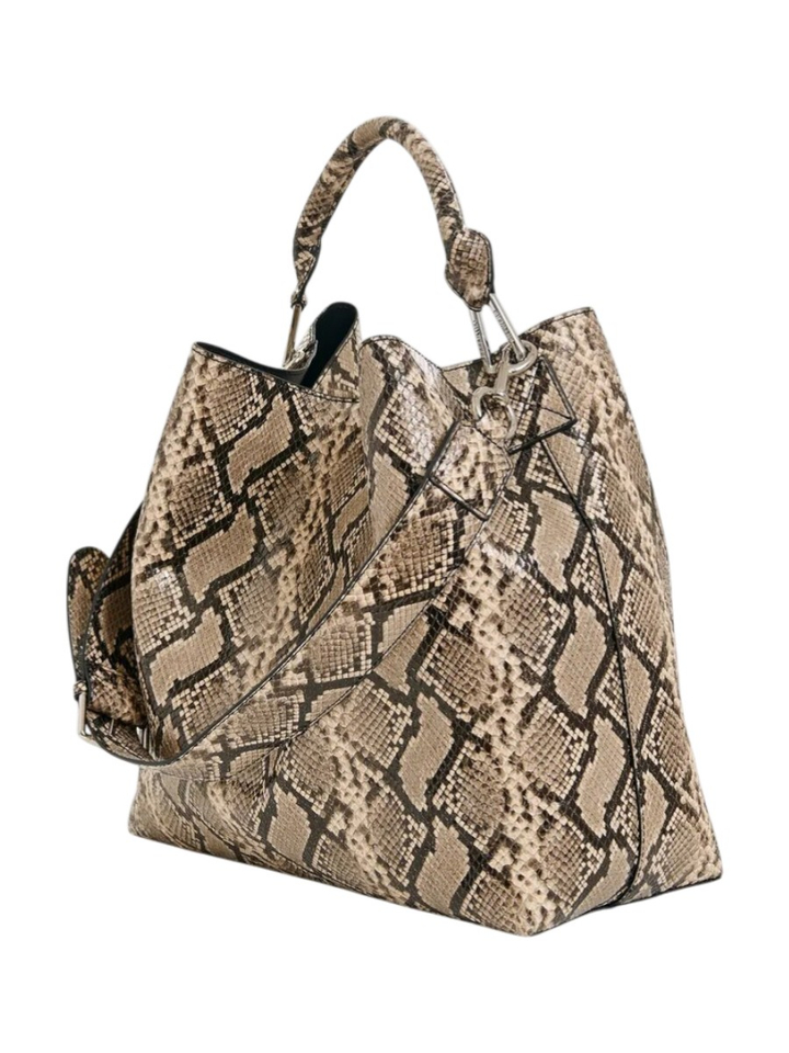 Bruine en zwarte glanzende shopper met slangenprint joran Essentiel 