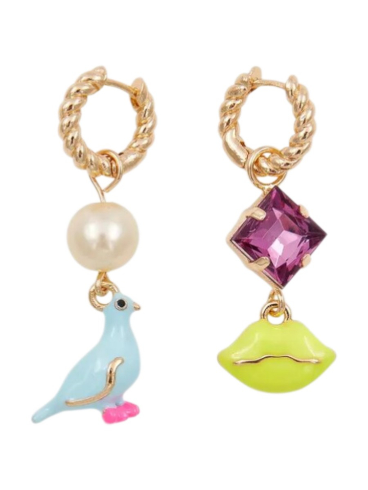 Gouden hoepeloorbellen met blauwe vogel en gele lippen Jholy Esssentiel