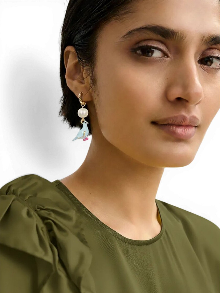 Gouden hoepeloorbellen met blauwe vogel en gele lippen Jholy Esssentiel