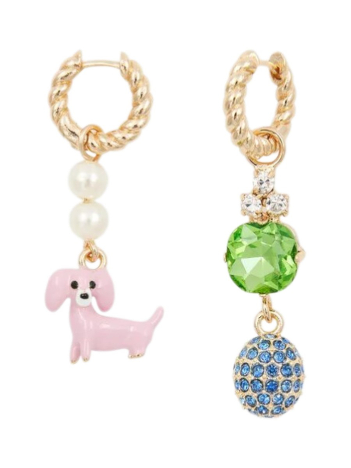 Gouden oorbellen met roze teckel en groene en blauwe stras Jerod Essentiel 