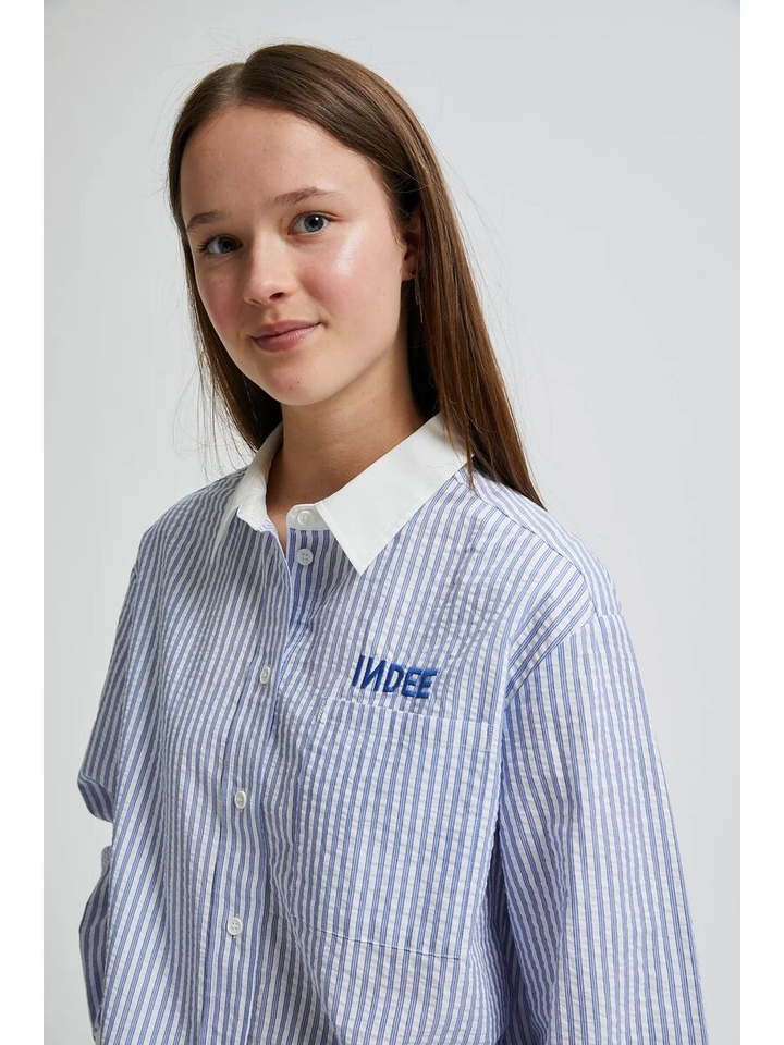 Blauw wit gestreepte bloes met witte kraag Vizcaya Indee