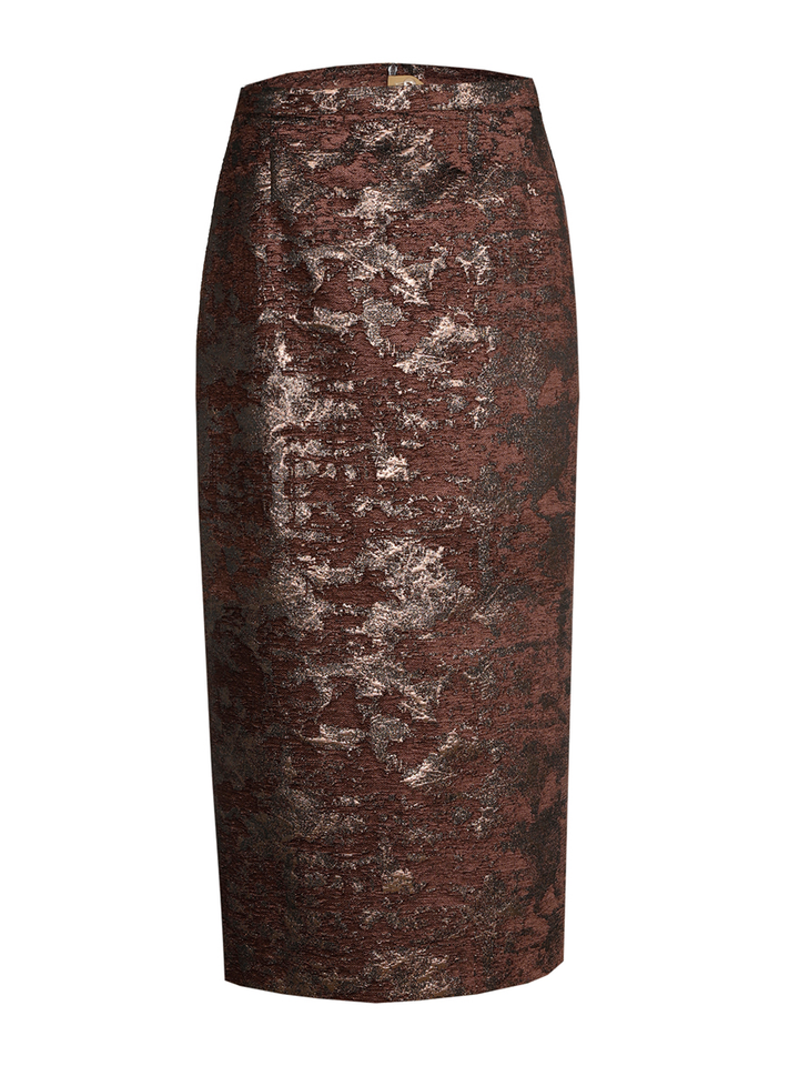 Bruine kokerrok met jacquard motief Roef Xandres