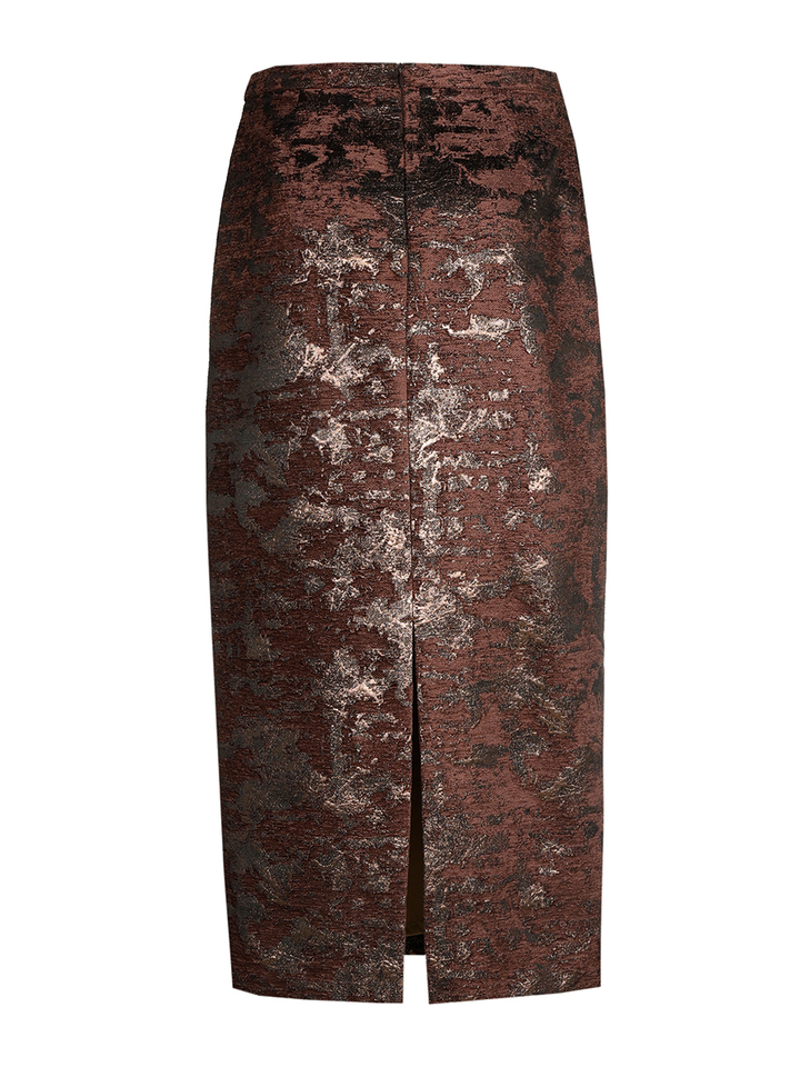 Bruine kokerrok met jacquard motief Roef Xandres