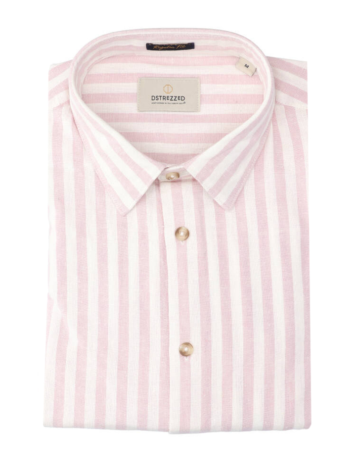 Beige linnen hemd (regular fit) met roze strepen Dstrezzed