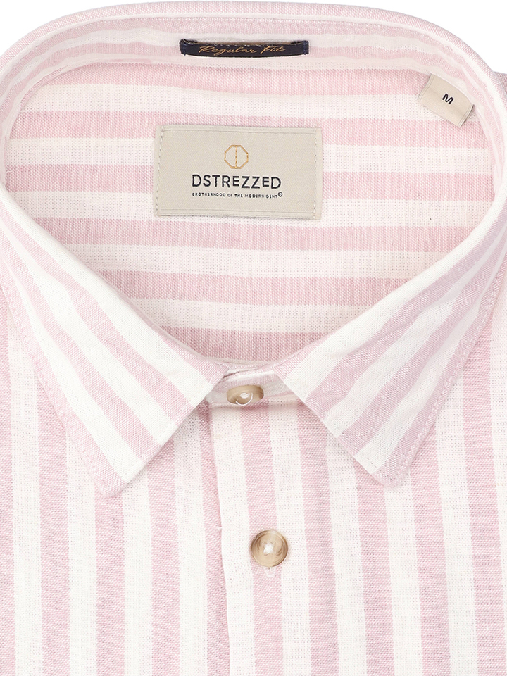 Beige linnen hemd (regular fit) met roze strepen Dstrezzed
