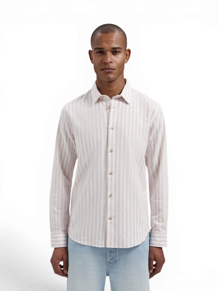 Beige linnen hemd (regular fit) met roze strepen Dstrezzed