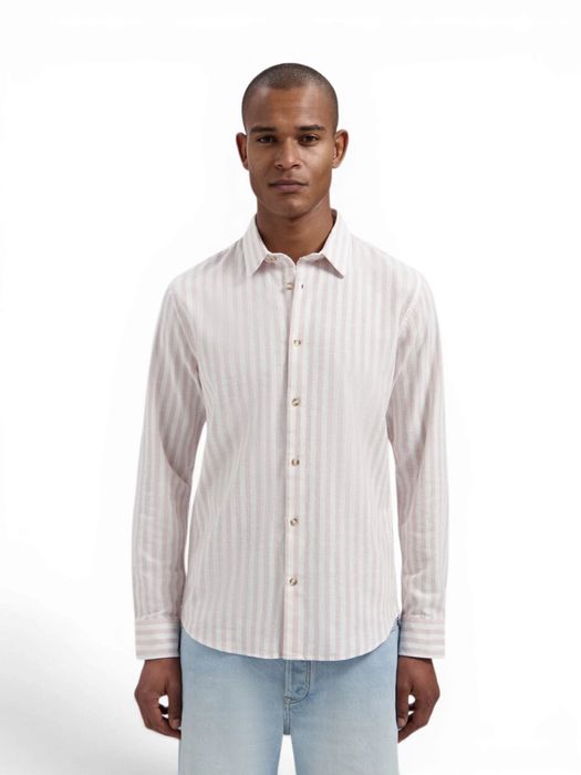 Beige linnen hemd (regular fit) met roze strepen Dstrezzed