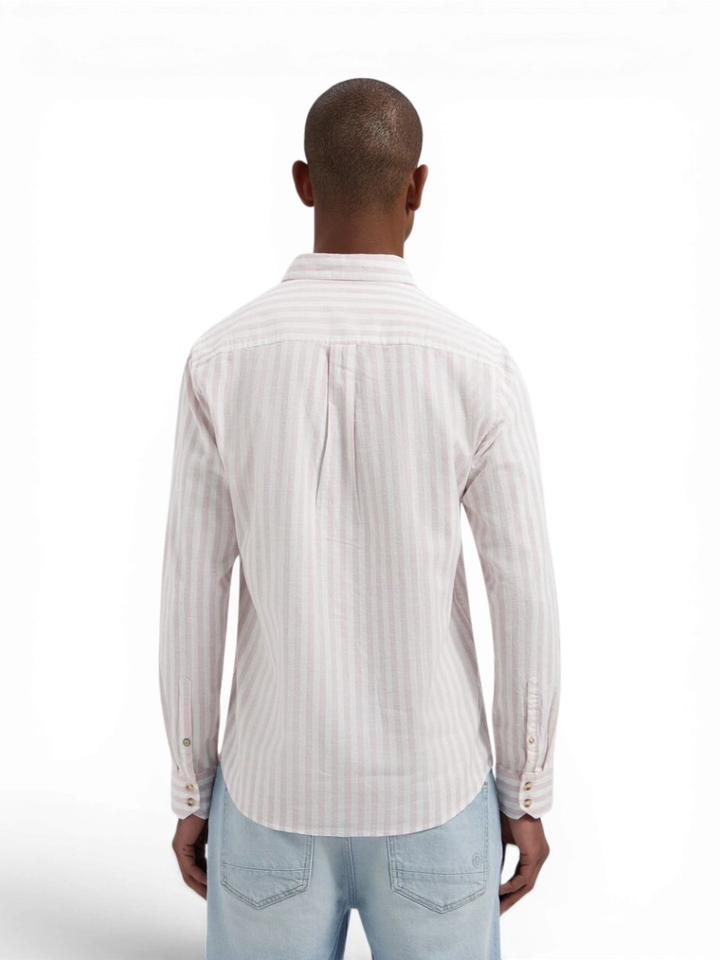 Beige linnen hemd (regular fit) met roze strepen Dstrezzed