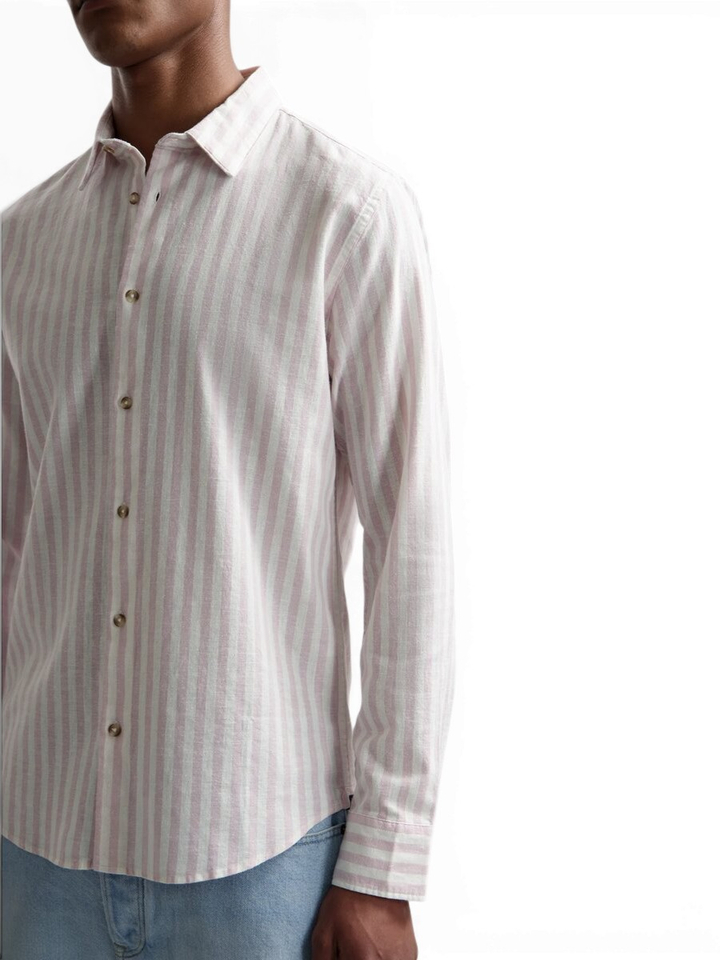 Beige linnen hemd (regular fit) met roze strepen Dstrezzed