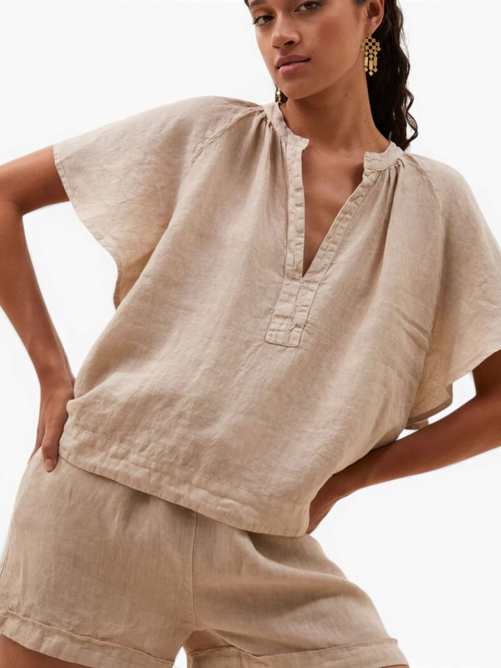 Beige linnen blouse met V-hals Vina By-Bar 