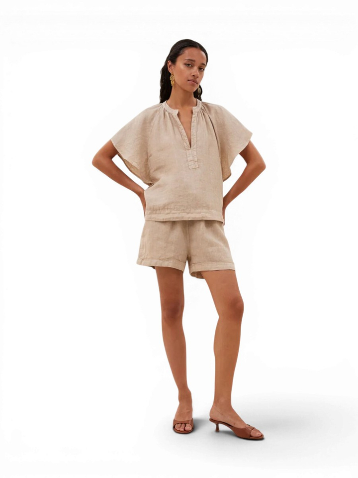 Beige linnen blouse met V-hals Vina By-Bar 