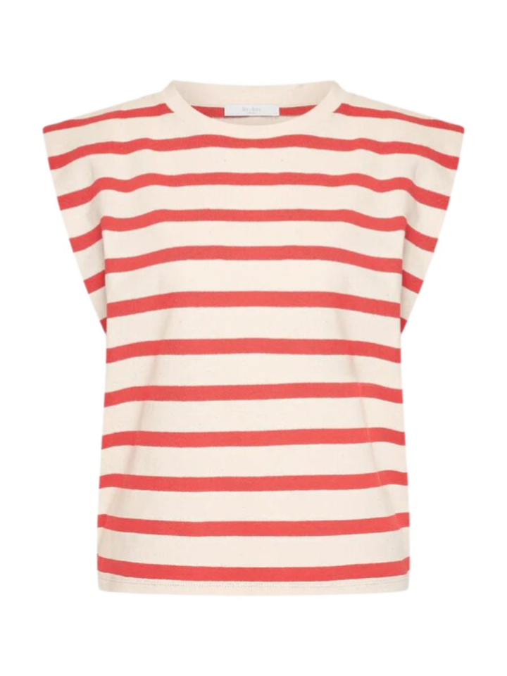 Ecru en rood gestreepte mouwloze T-Shirt Diede Stripe By-Bar
