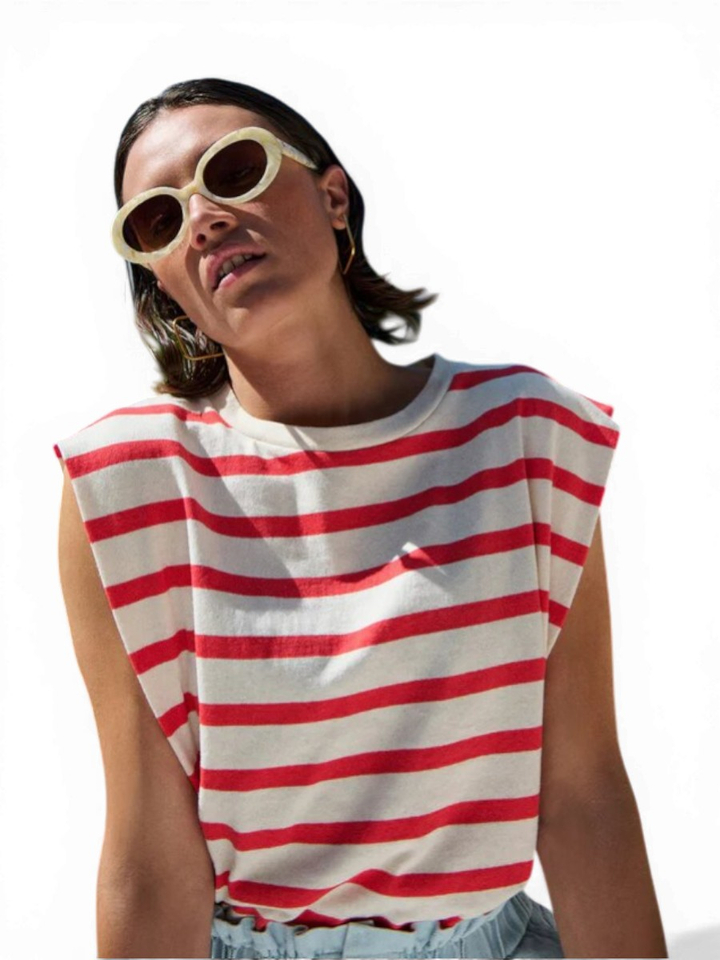 Ecru en rood gestreepte mouwloze T-Shirt Diede Stripe By-Bar