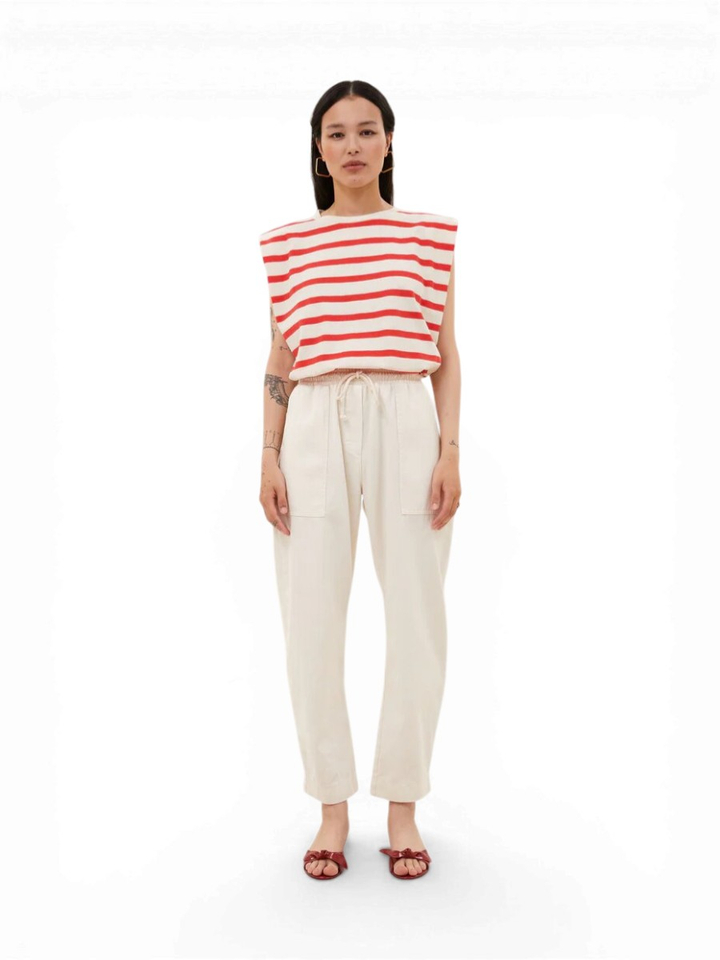 Ecru en rood gestreepte mouwloze T-Shirt Diede Stripe By-Bar