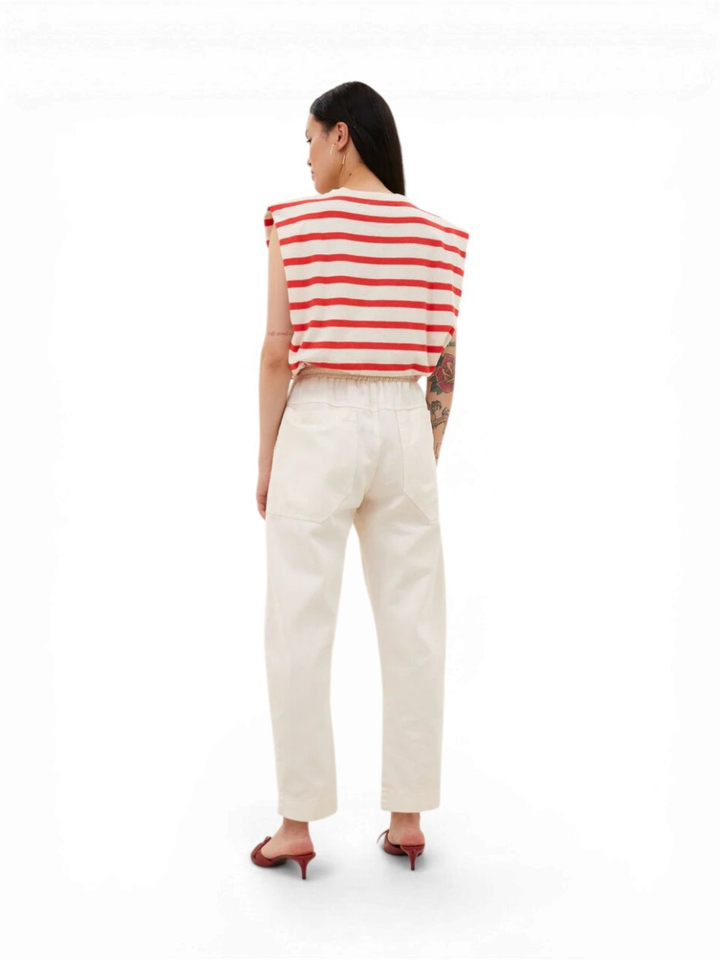Ecru en rood gestreepte mouwloze T-Shirt Diede Stripe By-Bar