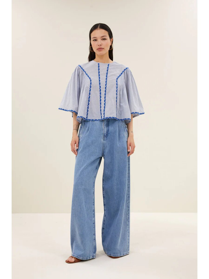 Blauw gestreepte bloes met detail blauw Davin By Bar