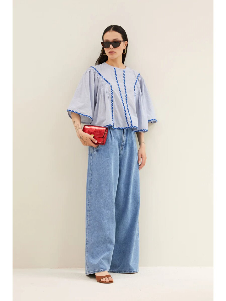 Blauw gestreepte bloes met detail blauw Davin By Bar