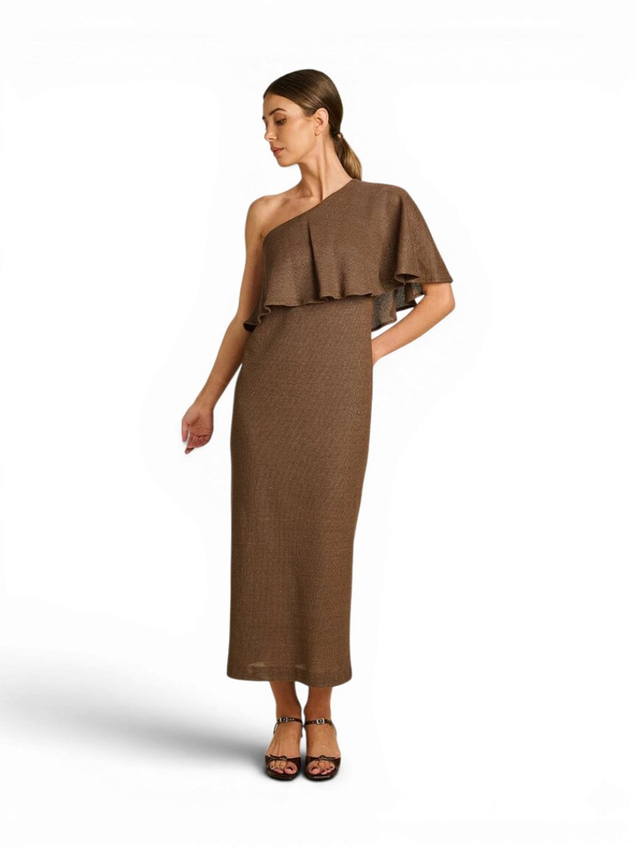 Bruine off shoulder maxi-jurk met structuur Breeze March23