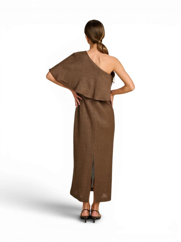 Bruine off shoulder maxi-jurk met structuur Breeze March23
