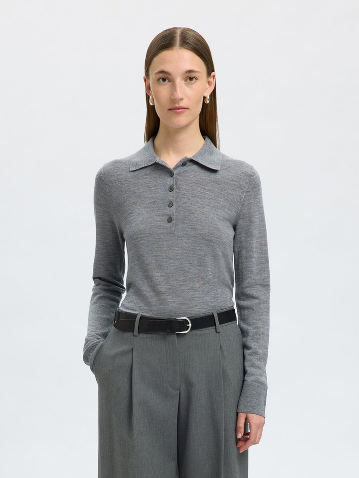 Medium grey melange polo met lange mouwen Selected 