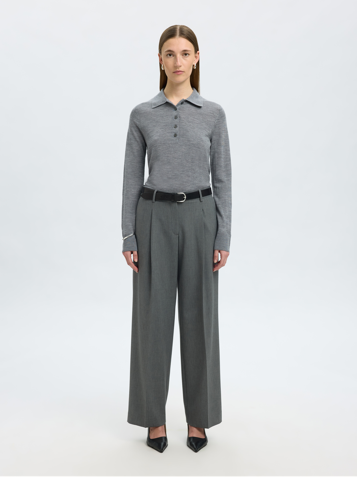 Medium grey melange polo met lange mouwen Selected 