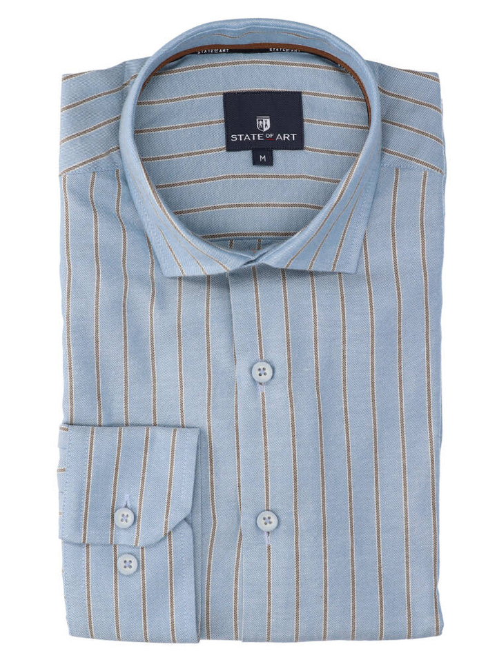 Jeansblauw katoenen hemd (regular fit) met bruine strepen en lange mouwen State of Art