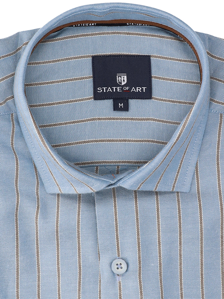 Jeansblauw katoenen hemd (regular fit) met bruine strepen en lange mouwen State of Art