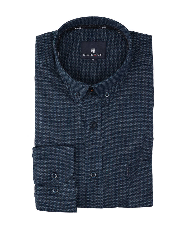 Donkerblauw katoenen hemd (regular fit) in subtiele print met lange mouwen State Of Art