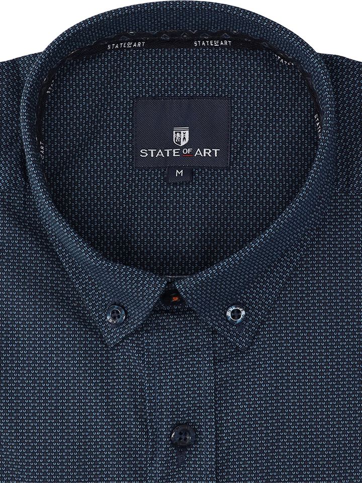 Donkerblauw katoenen hemd (regular fit) in subtiele print met lange mouwen State Of Art