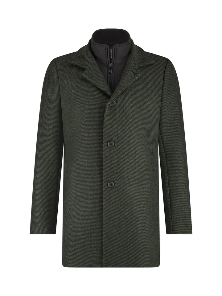 Donkergroene en zwarte gestreepte wollen mantel State of Art