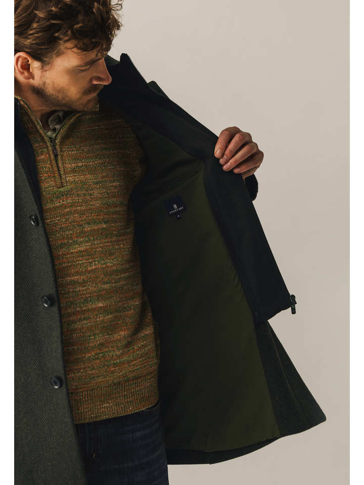 Donkergroene en zwarte gestreepte wollen mantel State of Art