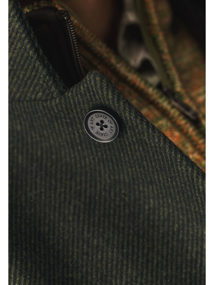 Donkergroene en zwarte gestreepte wollen mantel State of Art