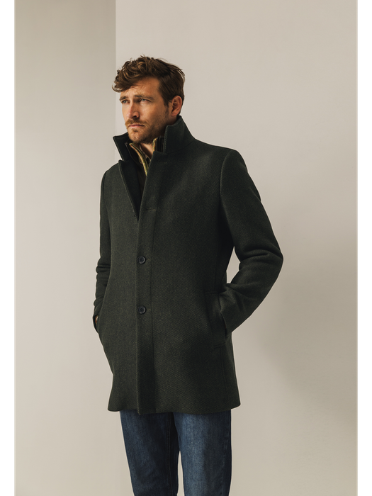 Donkergroene en zwarte gestreepte wollen mantel State of Art