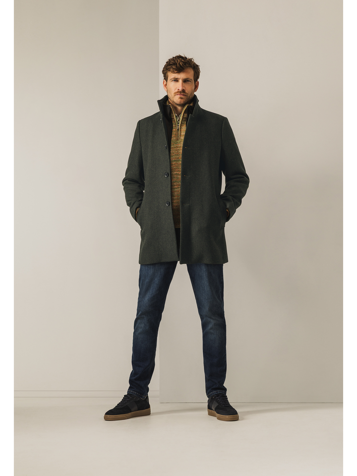 Donkergroene en zwarte gestreepte wollen mantel State of Art