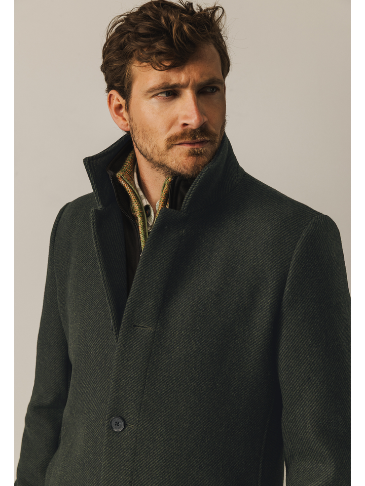 Donkergroene en zwarte gestreepte wollen mantel State of Art