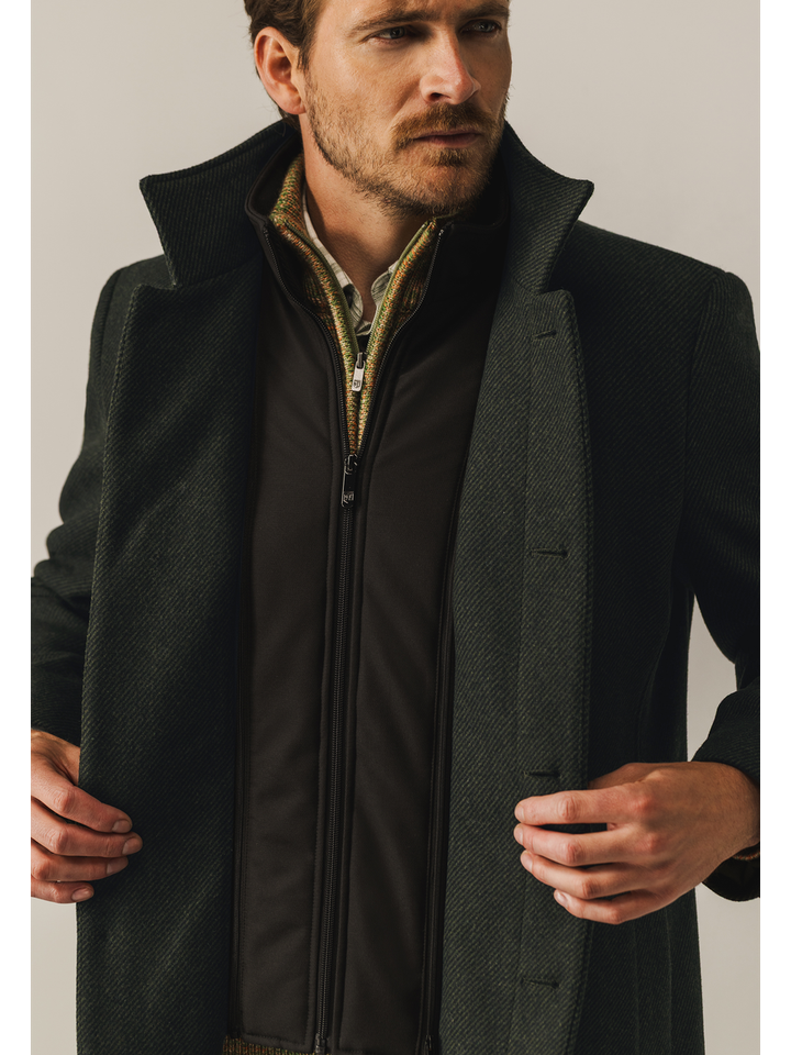 Donkergroene en zwarte gestreepte wollen mantel State of Art