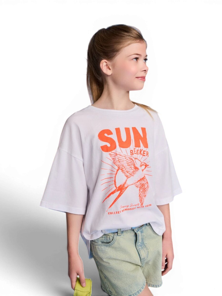 Witte t-shirt met fluo oranje sun AO