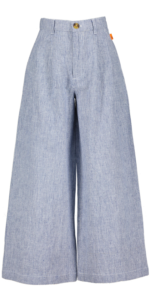 Blauwe gestreepte wijde broek met bandplooi AO76