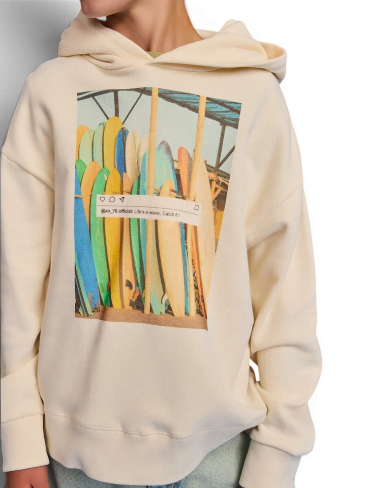 Ecru sweater met kap en print AO76