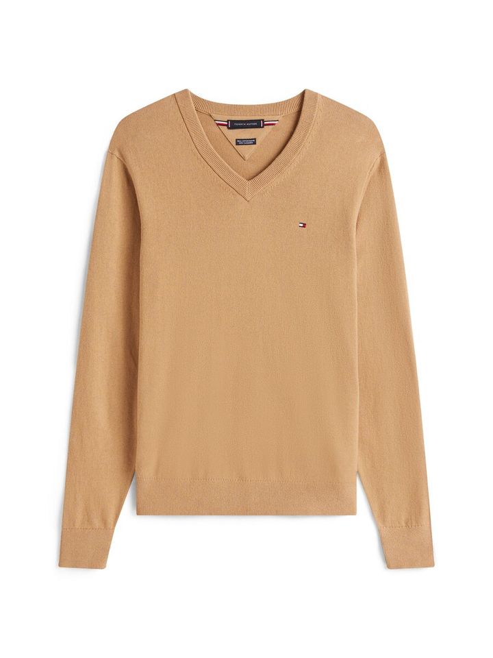 Camelkleurige pull met v-hals en merklogo Tommy Hilfiger