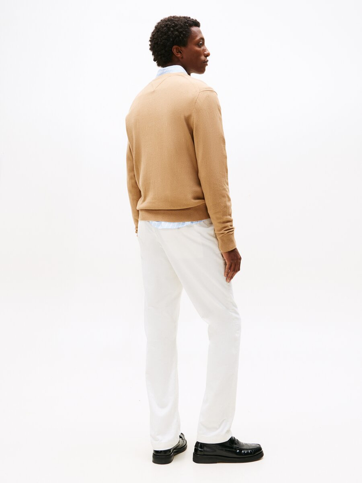 Camelkleurige pull met v-hals en merklogo Tommy Hilfiger