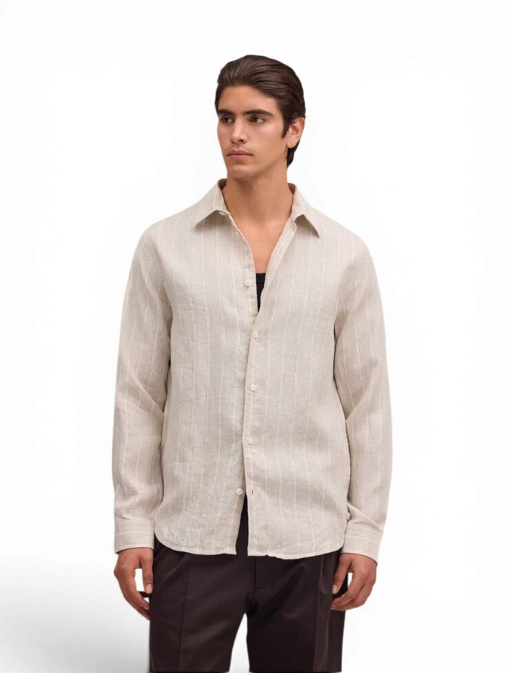 Beige linnen hemd (regular fit) met strepen en lange mouwen NN.07